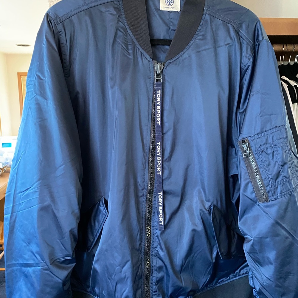Tory Burch blue bomber jacket with ruched sleeves